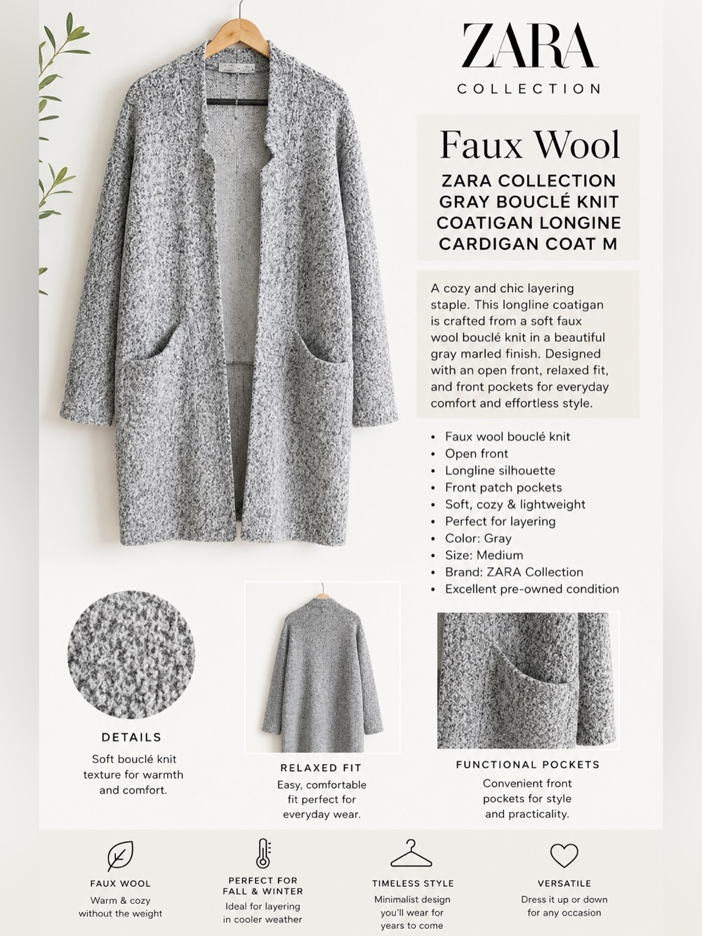 ZARA | Gray Bouclé Knit Coatigan Longline Coat | Size M